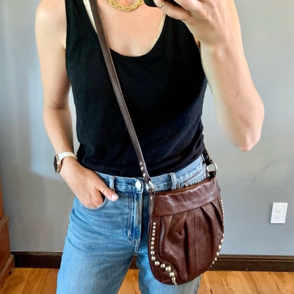 B. Makowski Genuine Brown Leather Silver Studded Crossbody Bag. - Picture 11 of 13